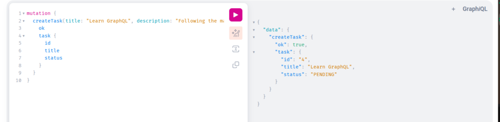 createTask mutation and its result in GraphiQL