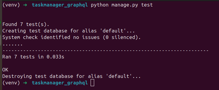 Terminal showing the Django test run passing